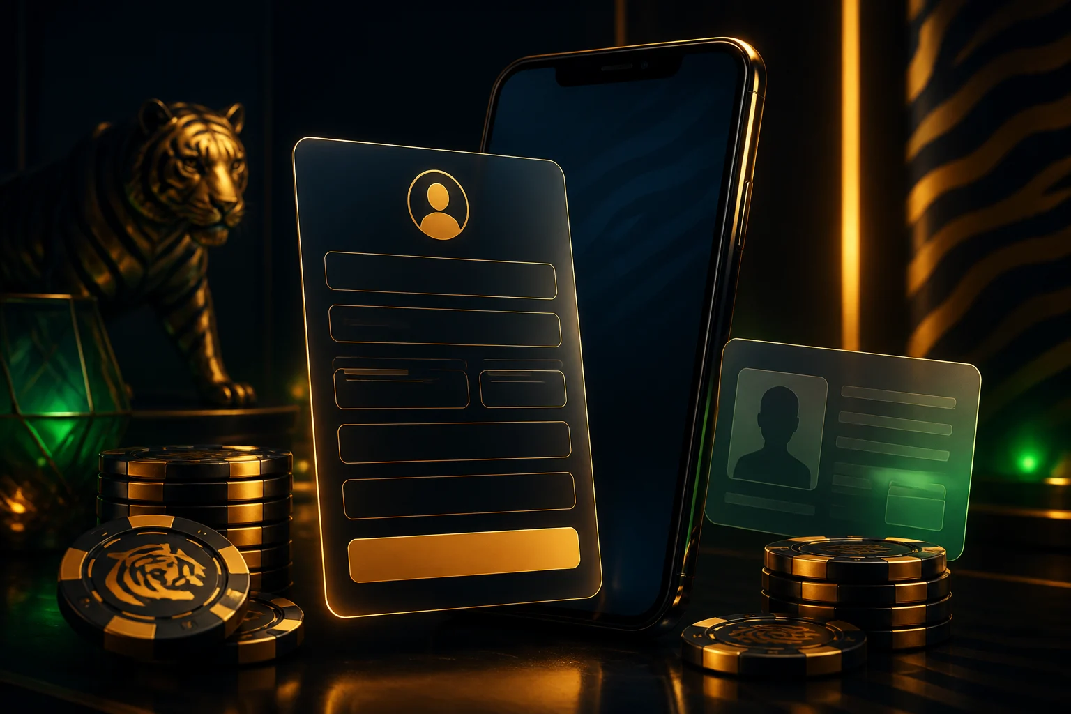 SpinTiger Kontoerstellung mit Smartphone, Profilkarte und Casino-Chips